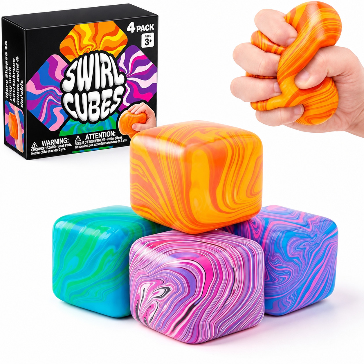 Joyfy 4 Pack Swirl Cube Squishy Toys, Colorful Sensory Fidget Stress Relief Toys, Squeeze Cubes for Kids Adults, Classroom Rewards, Party Favor Gifts | Walmart (US)