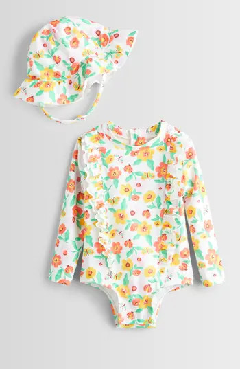 Tucker + Tate Long Sleeve One-Piece Rashguard Swimsuit & Sun Hat Set in White- Multi Vivian Floral at Nordstrom Rack, Size 3M | Nordstrom Rack