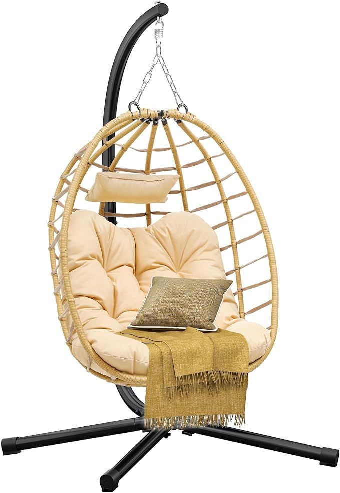 DWVO Egg Hanging Swing Chair with Stand Egg Chair Wicker Indoor Outdoor Hammock Egg Chair with Cu... | Amazon (US)