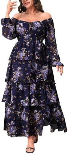 EYWOL Plus Size Long Sleeve Floral Tiered Semi Formal Wedding Guest Dress | Chiffon Maxi, On or O... | Amazon (US)