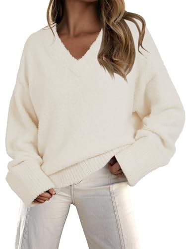 Vrtige Women's Oversized Sweater Fuzzy Chunky Knit V Neck Long Sleeve Warm Pullover Sweater White Large | Amazon (US)