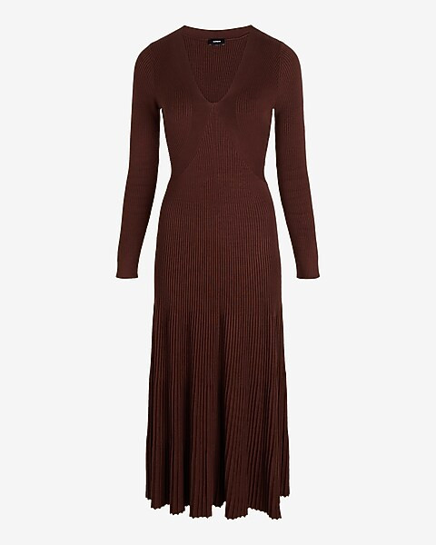 Ribbed V-neck Long Sleeve Sweater Midi Dress | Express