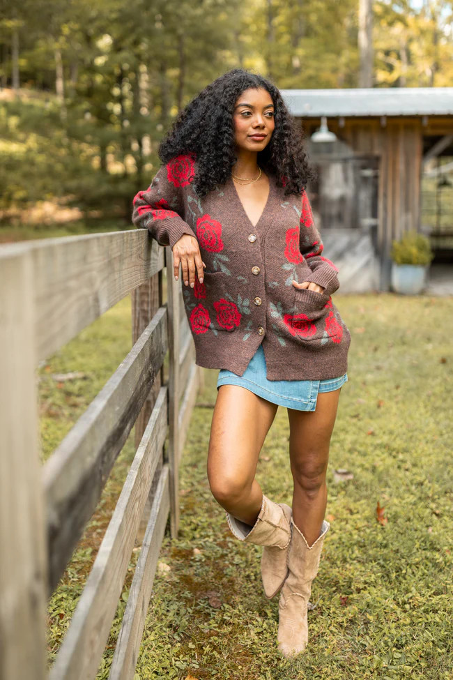 Britney Brown Rose Cardigan | Pink Lily