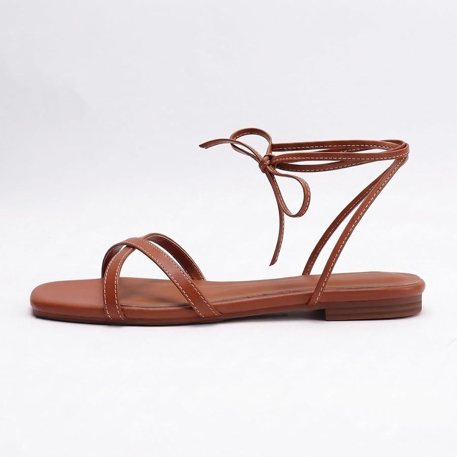 Strappy Flats Sandals for Women Comfortable Square Toe Lace Up Slides Beach Gladiator Wrap Sandal... | Amazon (US)