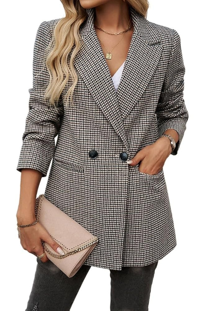 Womens Casual Blazer Open Front Long Sleeve Lapel Houndstooth Jacket Blazers Bussiness Work Offic... | Amazon (US)
