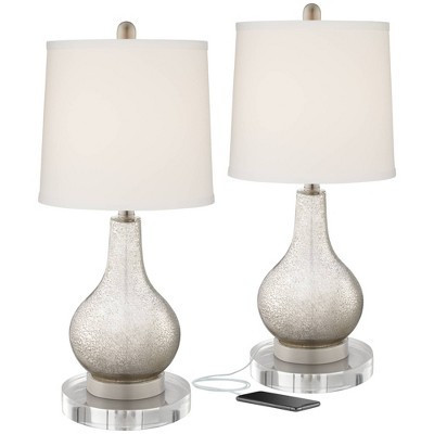 360 Lighting Ledger Modern Accent Table Lamps Set of 2 with Round Risers 22 3/4" High Mercury Glass LED Nightlight Fabric Drum Shade for Living Room | Target