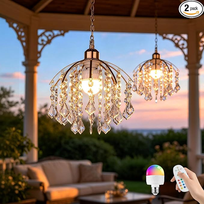 2 Pack Battery Operated Chandelier, No Wiring Rechargeable Pendant Light with Remote, RGB Dimmabl... | Amazon (US)