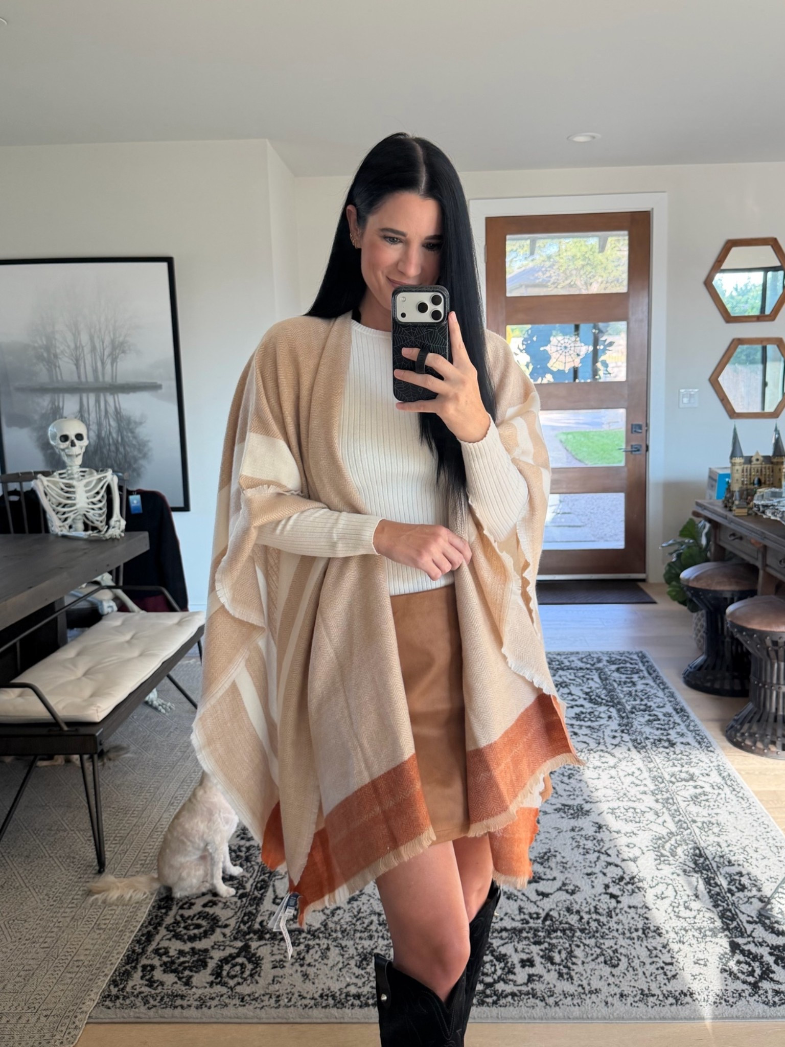 This outfit screams Fall! I’m in a size small in the top and skirt. The poncho is one size and comes in multiple colors.

#LTKTall #LTKOver40 #LTKSaleAlert