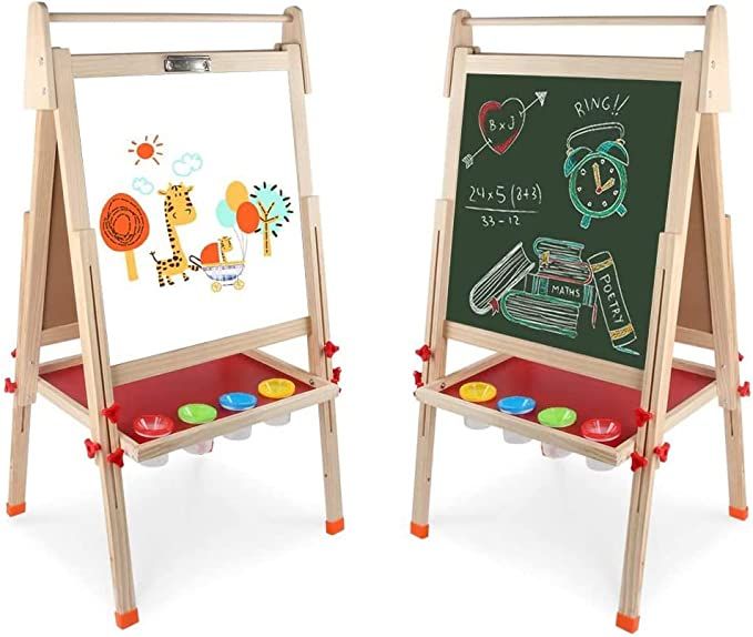 Kids Wooden Art Easel Double-Sided Whiteboard and Chalkboard Adjustable Standing Easel with Paper... | Amazon (US)