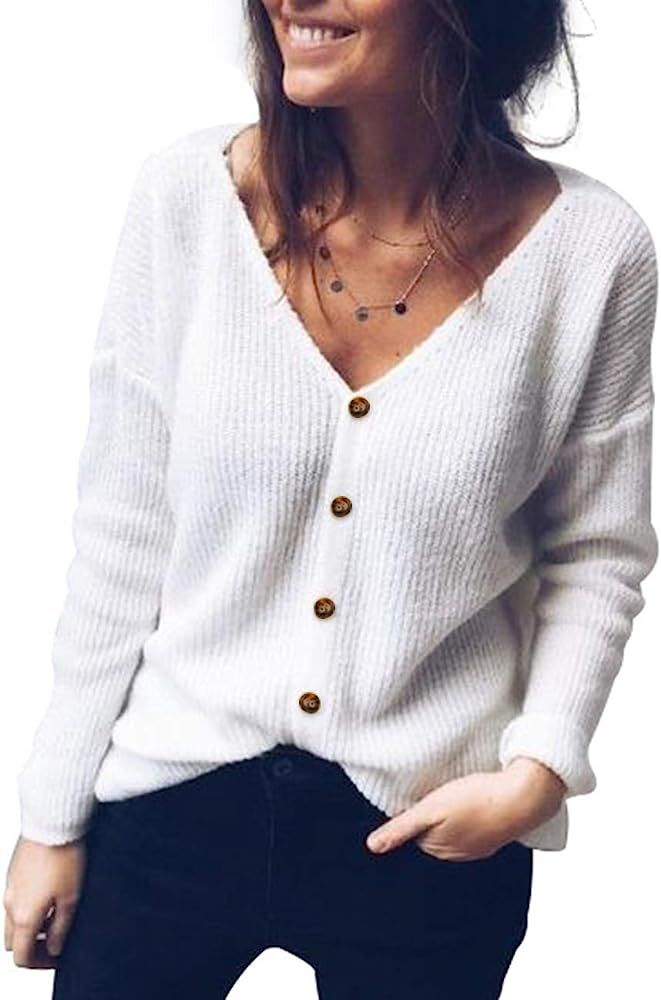 Romanstii Womens Button Down V-Neck Cardigan Sweater Long Sleeve Soft Knit Casual | Amazon (US)