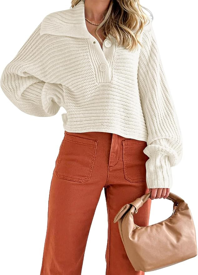 YKR Womens Sweaters Cropped Lapel Collar V Neck Chunky Knit Casual Slouchy Loose Jumper Tops | Amazon (US)