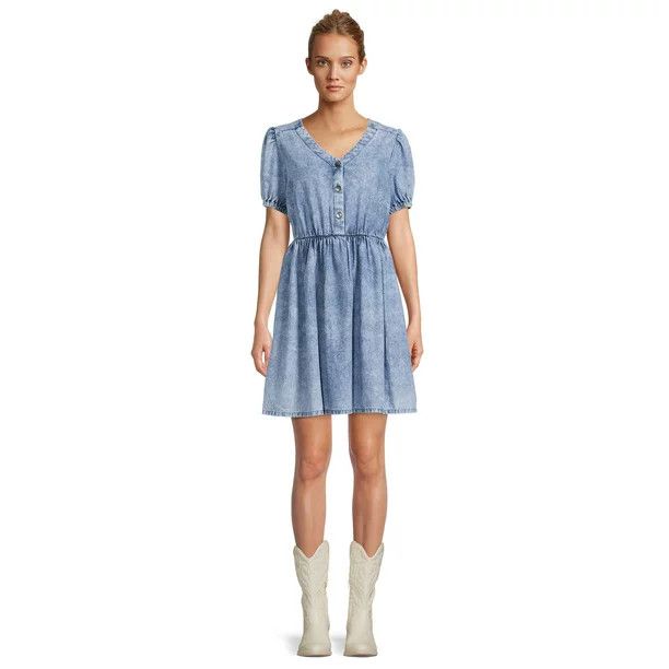 Time and Tru Women's Puff Sleeve Button Front Dress | Walmart (US)