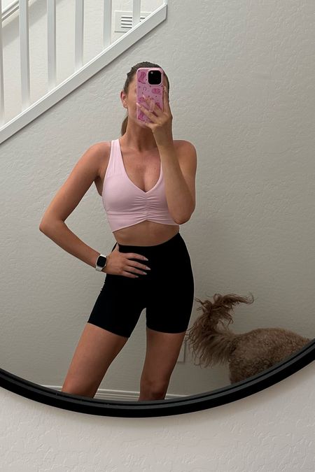 Today’s workout fit! Obsessed with this sports bra crop top from Aritzia! I also got it in black. Wearing a small. Shorts are Amazon, wearing a small 