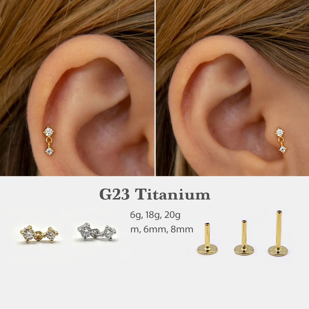 20G/18G/16G Cz Dangle Push Pin Labret Threadless Flat Back Earring Tragus Stud Flat Back Stud Hel... | Etsy (US)