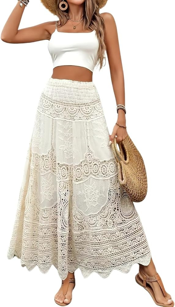 chouyatou Women's Floral Embroidered Knit Skirt Lace Crochet Eyelet Elastic Waist Flared Maxi Lon... | Amazon (US)
