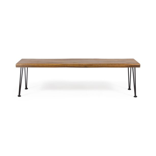 Maddux Outdoor Modern Industrial Acacia Wood Bench with Metal Hairpin Legs, Teak, Rustic Metal | Walmart (US)