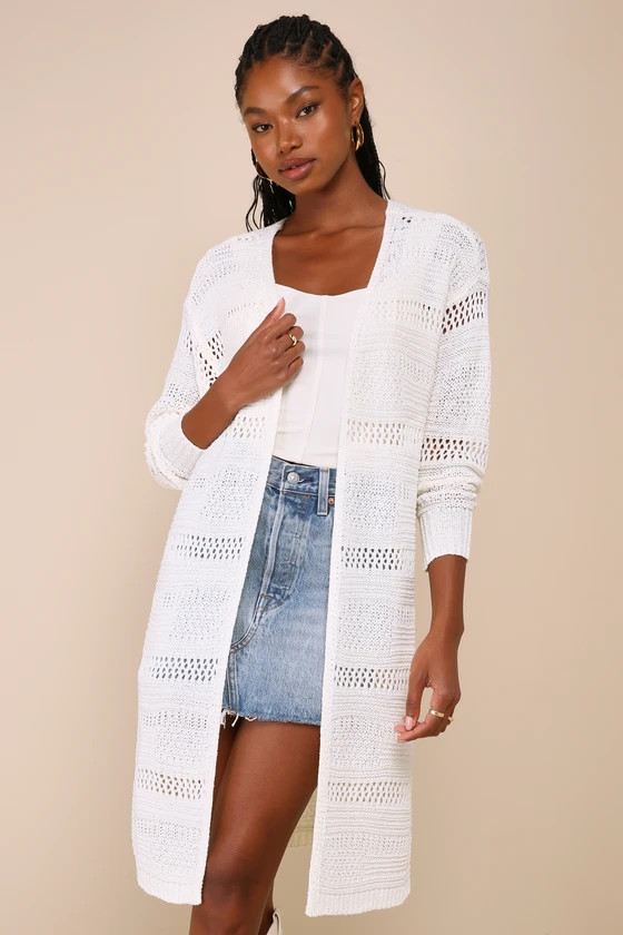Boardwalk Sunsets Ivory Loose Crochet Long Cardigan Sweater | Lulus