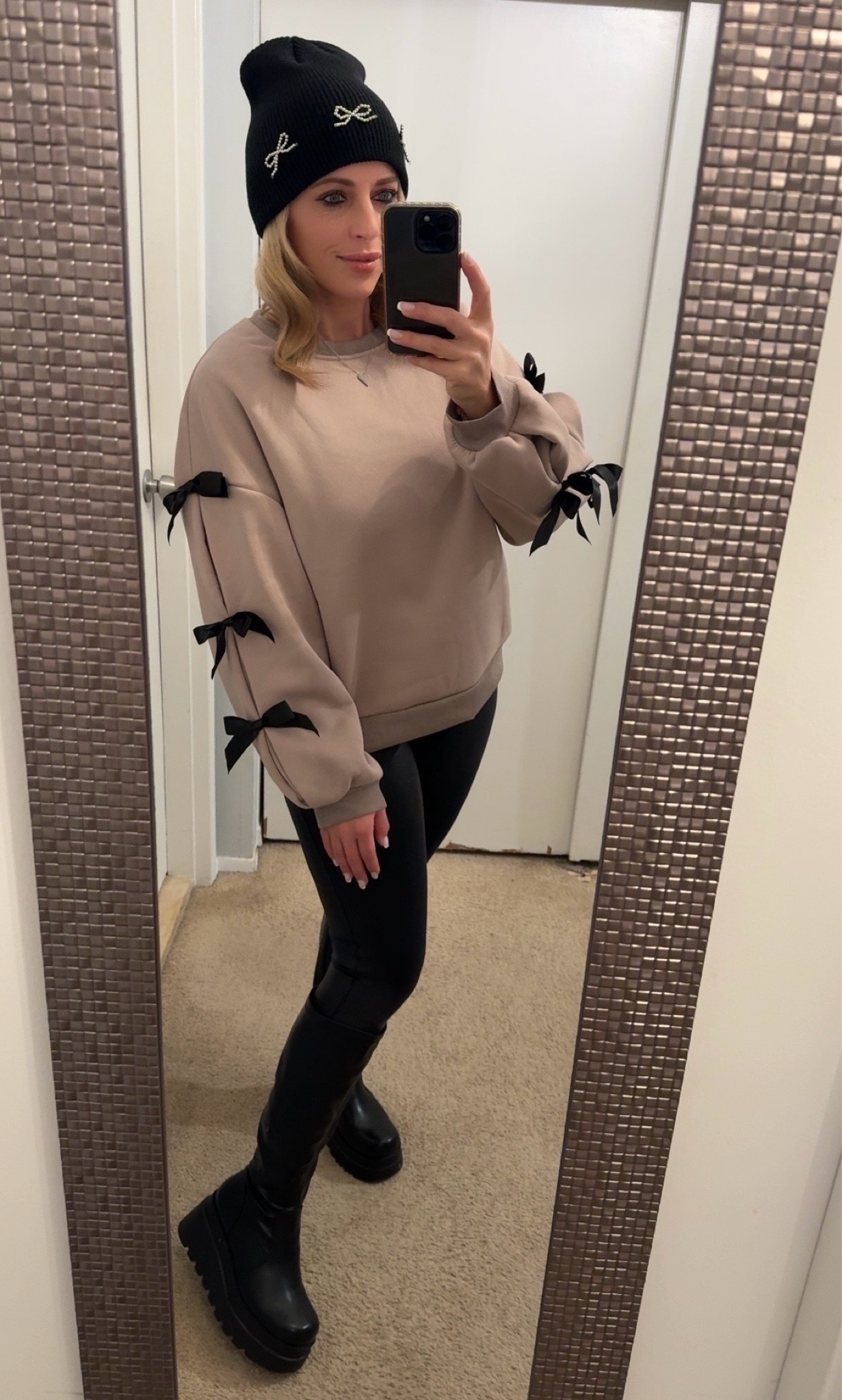 Neutral outfit. Winter outfits. Wearing XL in SHEIN bow sweatshirt and size 9 in dream pairs tall boots 

#LTKFindsUnder50 #LTKMidsize #LTKSeasonal