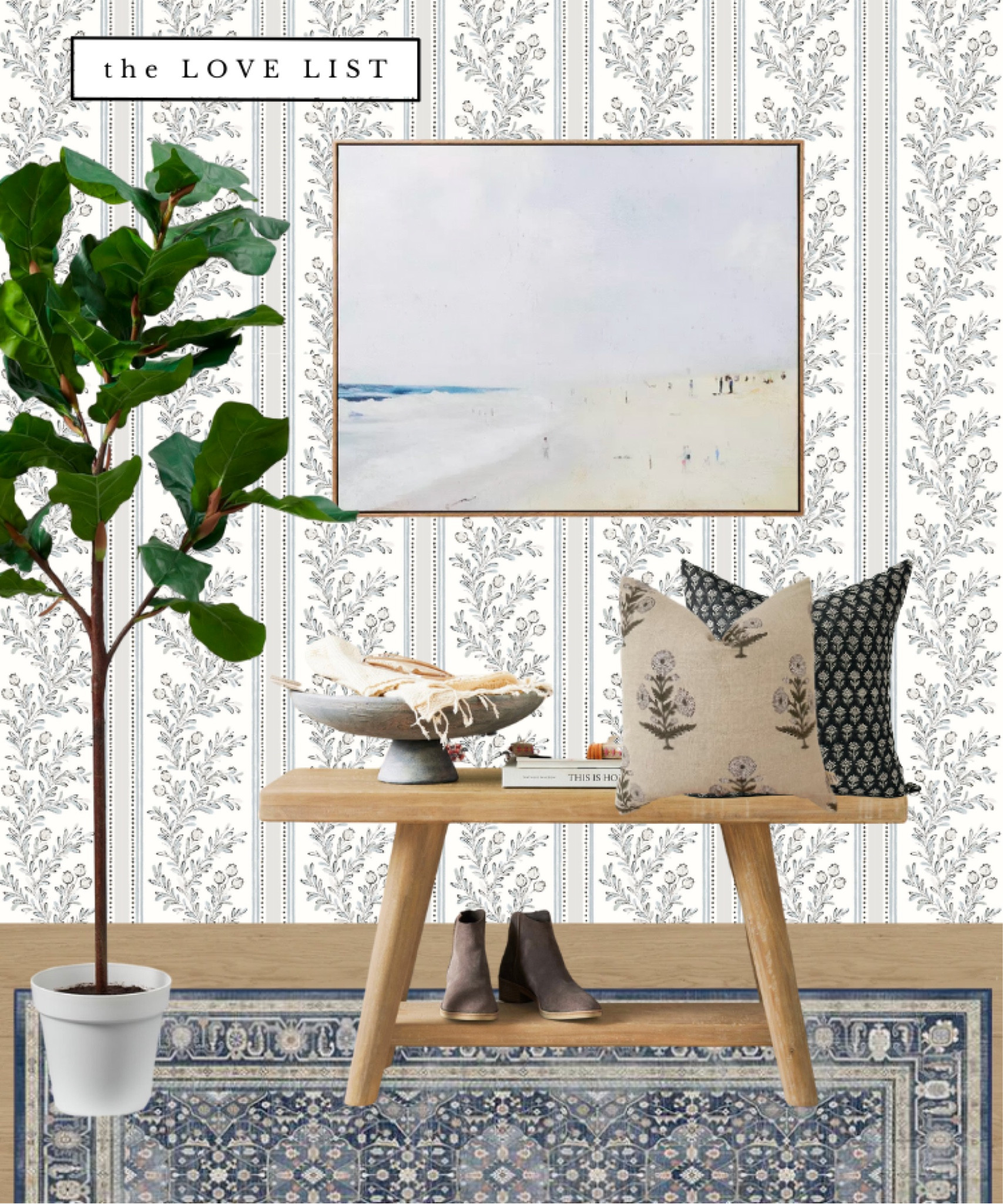 Country floral entryway // striped floral wallpaper, landscape art, entryway bench, vintage pillows, vintage rug, artificial plant 

#LTKhome #LTKFind #LTKSeasonal