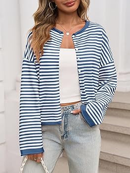 Saodimallsu Womens Striped Cardigan Casual Long Sleeve Open Front Button Down Loose Knit Lightwei... | Amazon (US)