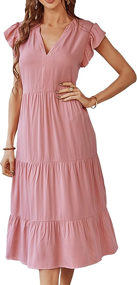 AOVDE Dress for Women 2022 Sexy V-Neck Casual Dress Solid Color Cap Sleeves Ruffled Summer Flowy Dre | Amazon (US)