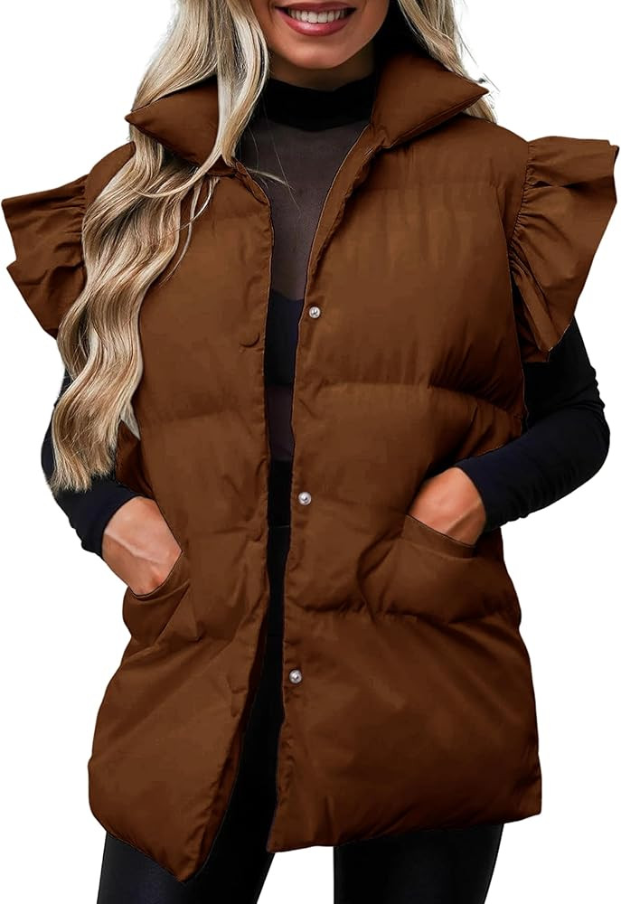 Daacee Women's Ruffled Puffer Vests Winter Button Down Padded Qulited Gilet Jacket with Pocket | Amazon (US)