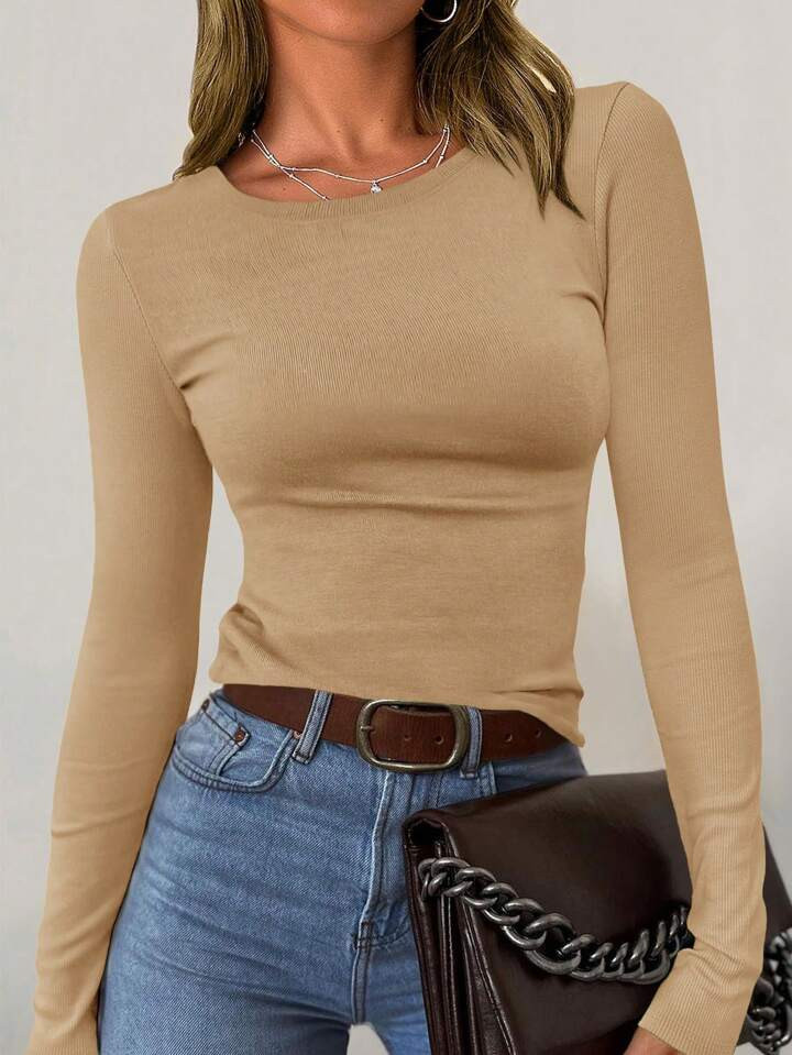 Women's Casual Top Spring Autumn Long Sleeve Crew Collar Exercise Elastic Slim-Fit Basic Y2K Outing Shirt | SHEIN
