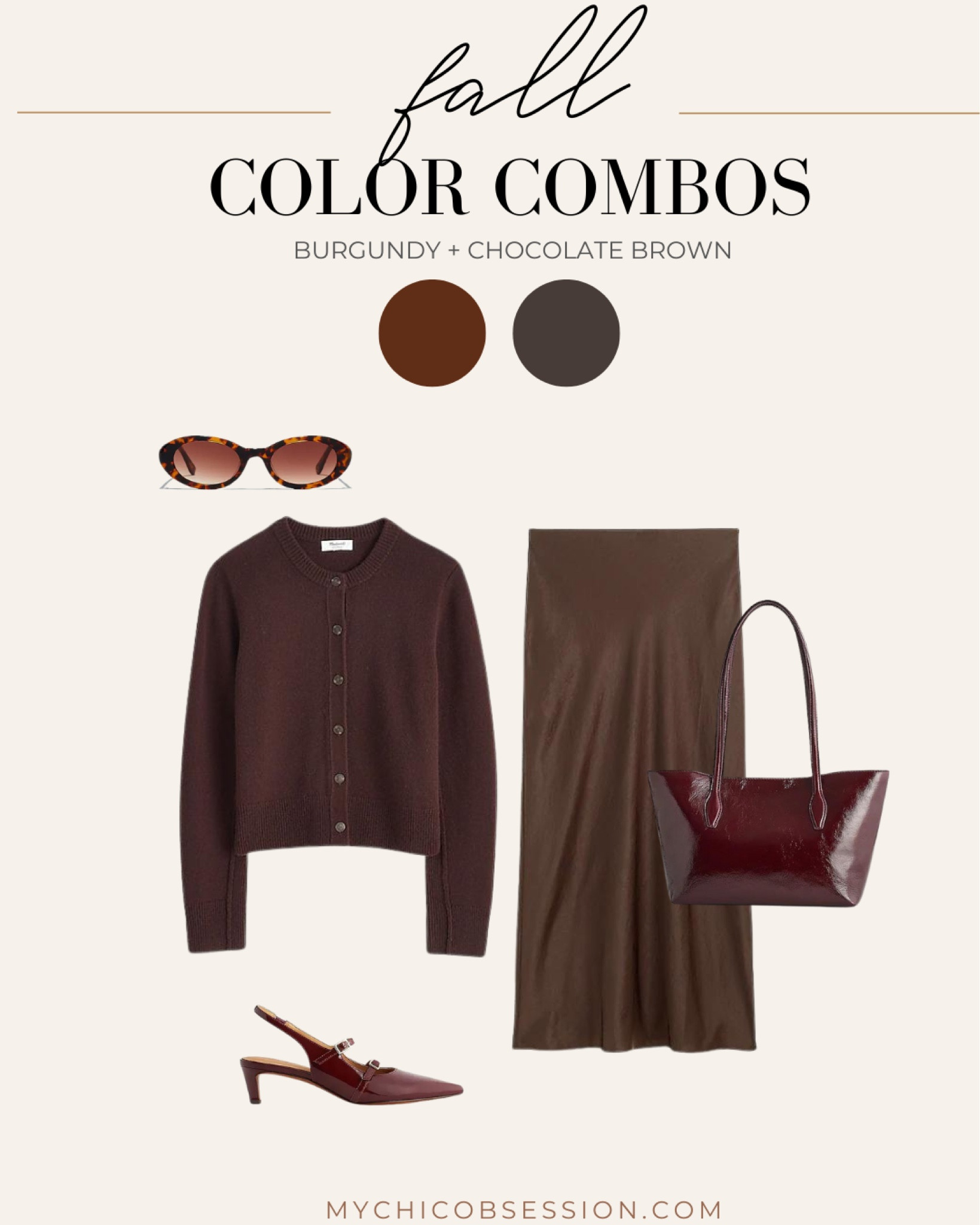 Burgundy and chocolate brown are already trending for fall, and they’re great colors to add to your capsule fall wardrobe. Style a rich brown cardigan with a slip skirt, a burgundy tote, tortoiseshell oval sunglasses and burgundy slingback heels.

#LTKSeasonal #LTKStyleTip #LTKItBag