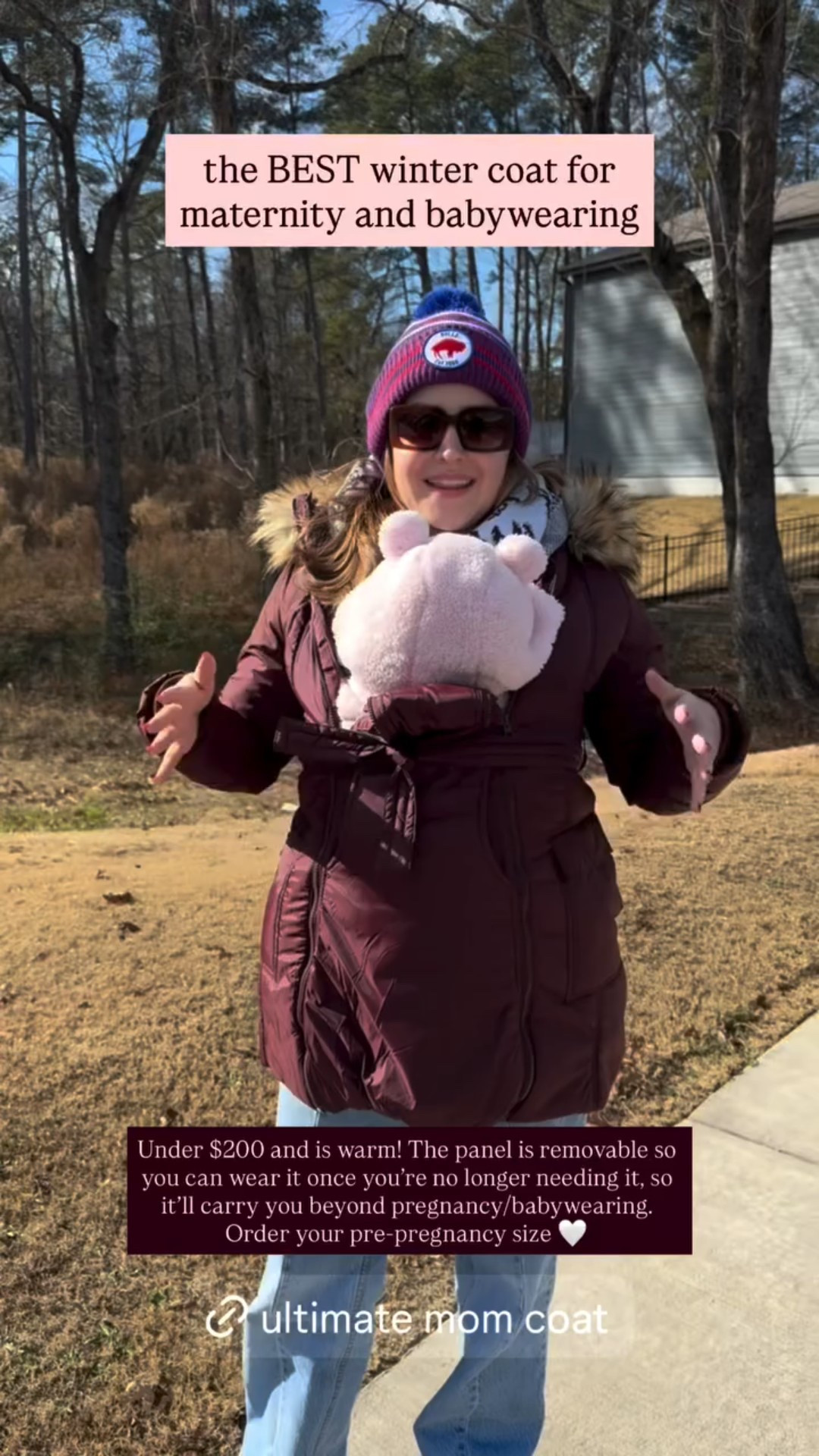 Under $200 and is warm! The panel is removable so you can wear it once you’re no longer needing it, so it’ll carry you beyond pregnancy/babywearing. Order your pre-pregnancy size 🤍 the BEST winter coat for maternity and babywearing