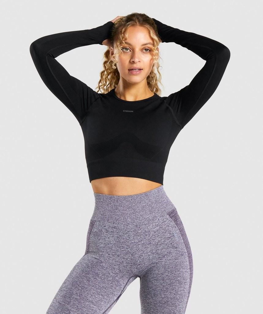 Gymshark Flex Sports Long Sleeve Crop Top - Black/Charcoal | Gymshark (Global)