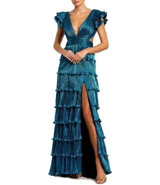 Ieena for Mac Duggal Deep V-Neck Ruffle Shoulder Cap Sleeve Side Cut-Out Tiered Thigh High Slit G... | Dillard's