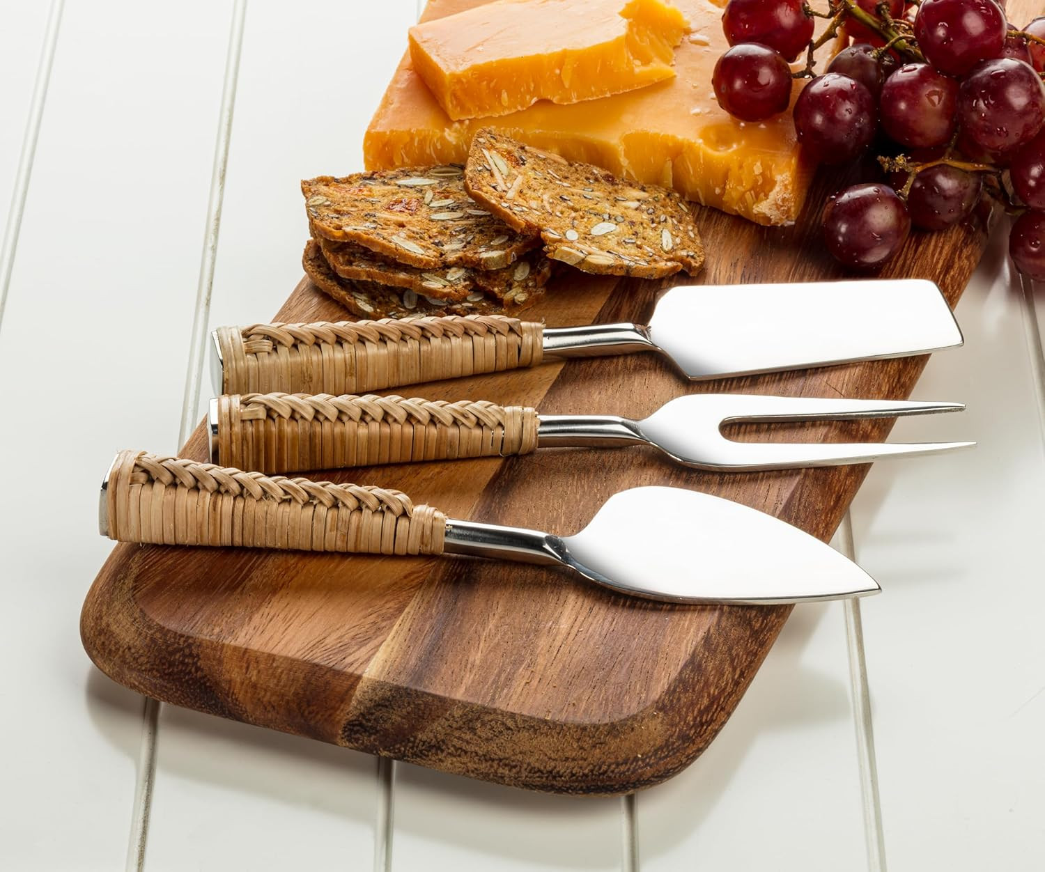 Abbott Collection 36 Rattan Handle Cheese Knives. Set of 3, 7" L, Silver/Natural | Amazon (US)