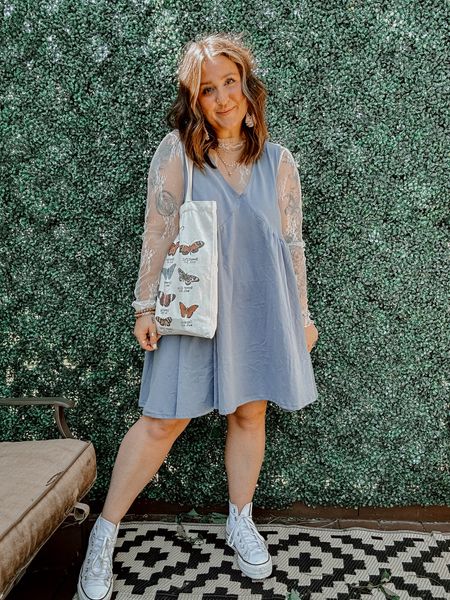 Sunday morning church outfit! Boho church outfit. Babydoll style swap for less for free people dress in medium (could have done small!) and lace mesh top under in large. Platform high top white sneakers wearing TTS. Boho accessories and Bible butterfly church bag! 

#LTKU #LTKSeasonal #LTKStyleTip