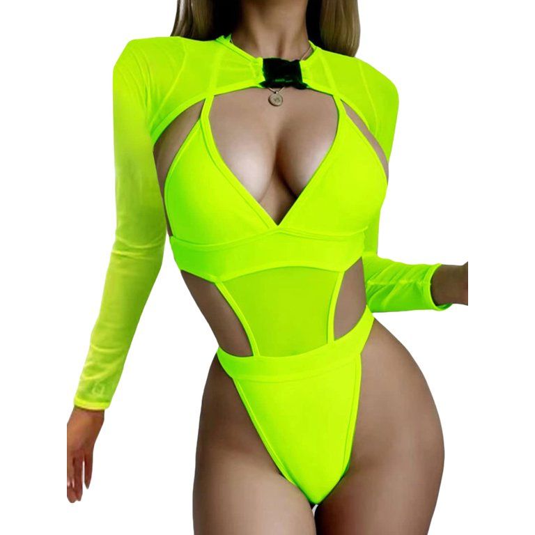 Sunisery Women 2 Piece Neon Rave Outfit Sexy Festival Clubwear Low Cut Bodysuit Swimsuit + Long S... | Walmart (US)