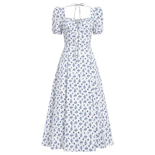 ABEHIK Summer Dresses for Women 2024 Floral Corset Dress Short Puff Sleeve Boho Flowy Slit Bustier Midi Dresses A Line Casual Beach Homecoming Wedding Guest Party Sundress Blue S | Amazon (US)