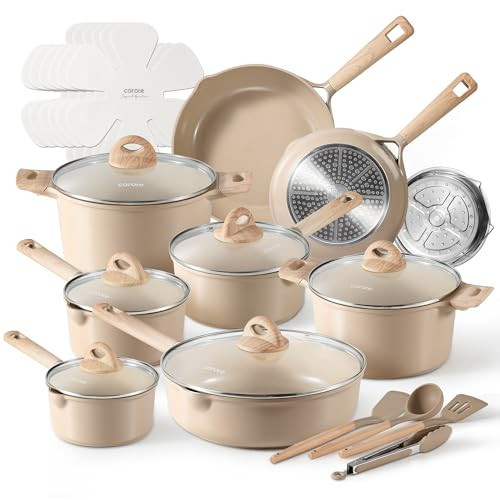 CAROTE 25pcs Ceramic Pots and Pans Set, Healthy Kitchen Cookware Sets, Kitchen Induction Pots and Pans Cooking Sets, Taupe | Amazon (US)
