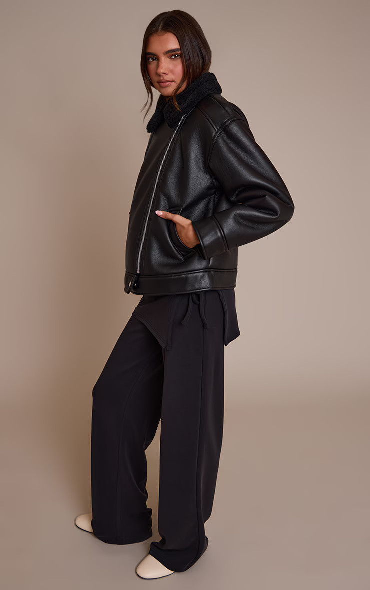 Black Borg Collar Faux Leather Aviator | Outerwear | PrettyLittleThing IE