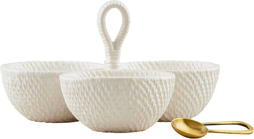 Mud Pie server 8" x 8" | spoon 3 1/2" Woven Ceramic Triple Tidbit, White | Amazon (US)