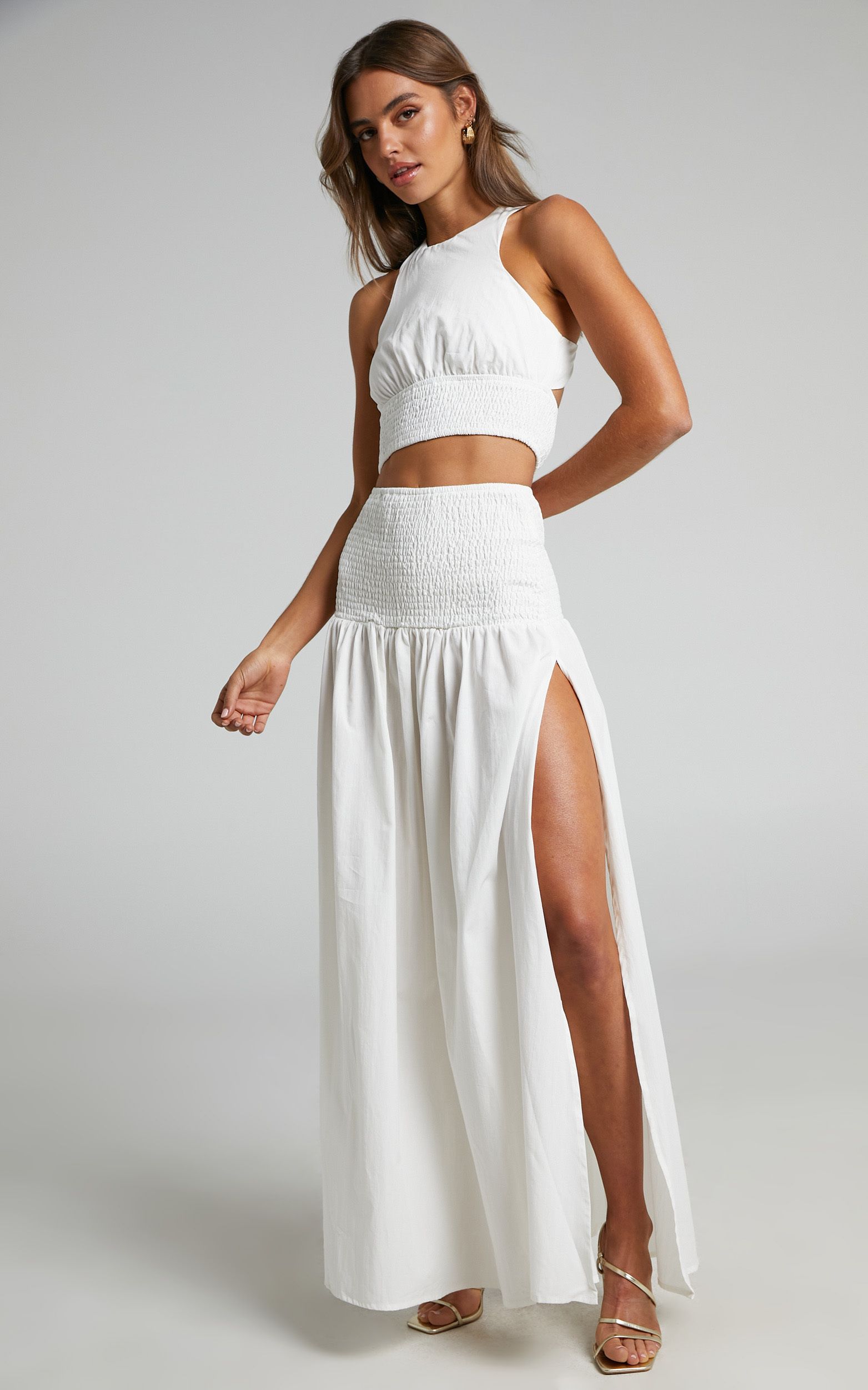 Gracelynn Cut Out Back Racer Top and Shirred Waist Maxi Skirt Two Piece Set in White | Showpo (US, UK & Europe)