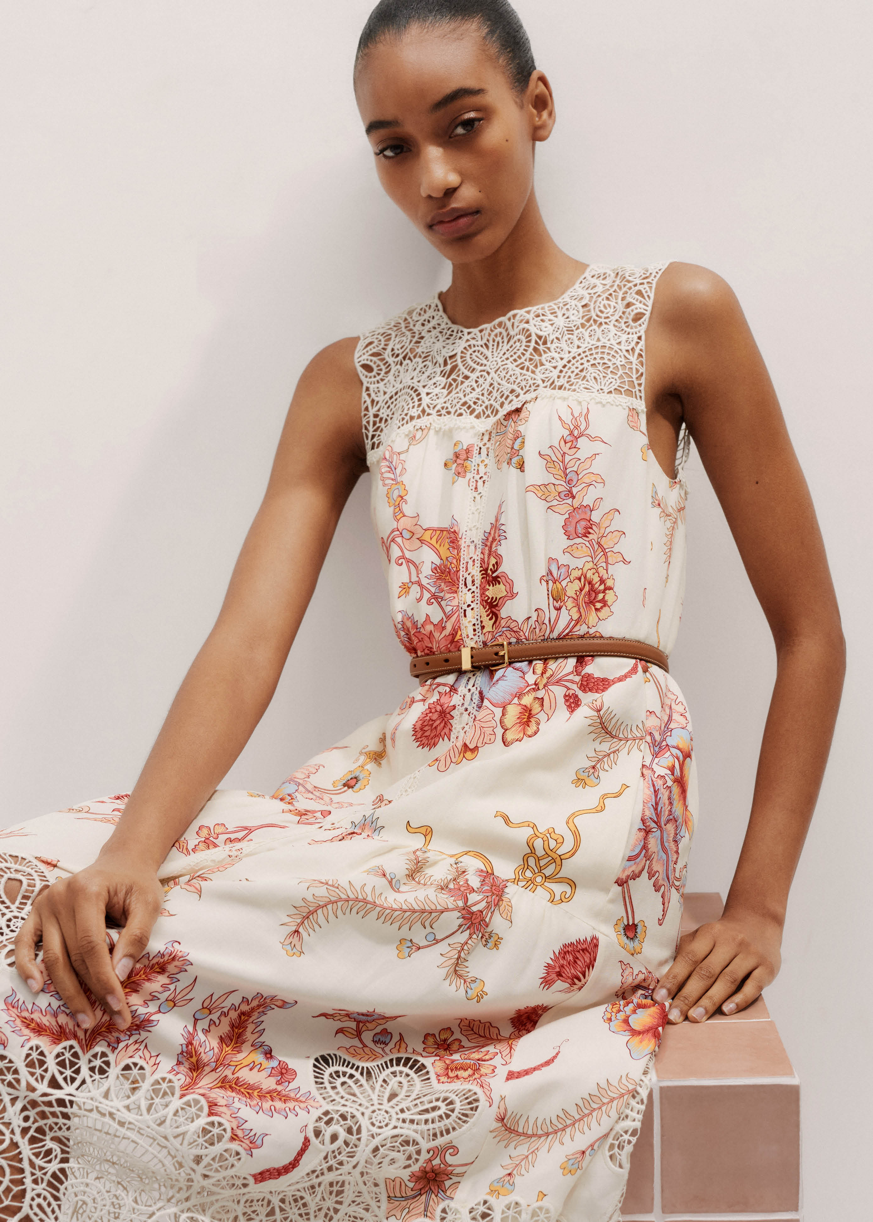 Women's Cream Linen-Blend Wild Bloom Print Midi Dress | ME+EM | ME+EM Global (Excluding US)