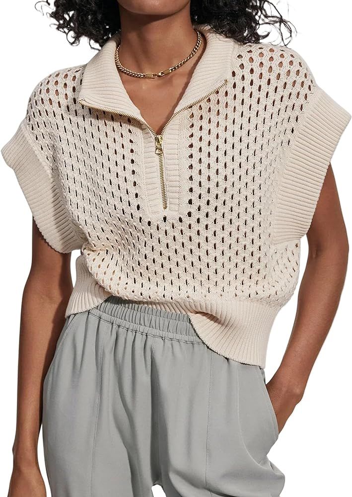 Womens Oversized Hollow Out Sweater Vest Quarter Zip Cap Sleeve Lapel Casual See Through Crochet ... | Amazon (US)