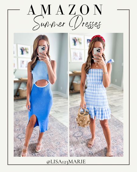 Amazon summer dresses. Vacation dresses. Vacation outfits. Fourth of July. Fourth of July outfit. Summer outfit. Gingham dress. Wearing XS in left, small in right. Amazon clear wedges. Amazon sandals. Both are TTS.

#LTKunder50 #LTKtravel #LTKshoecrush