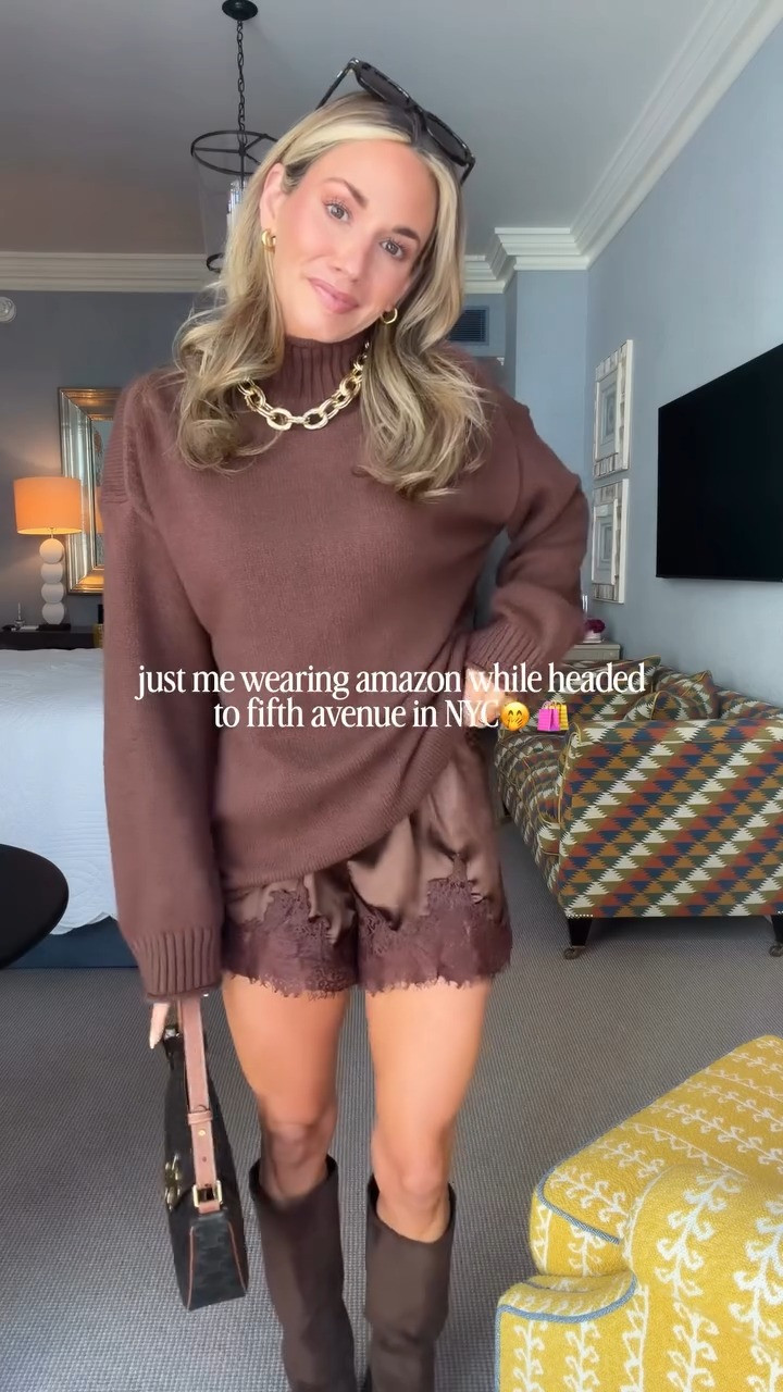 Just me shopping on fifth avenue in my Amazon fit 😆 I love this sweater that feels like it’s cashmere paired with these trendy lace shorts! I wore these boots walking all over nyc and my feet never hurt! 🙌

#LTKootd #LTKSeasonal