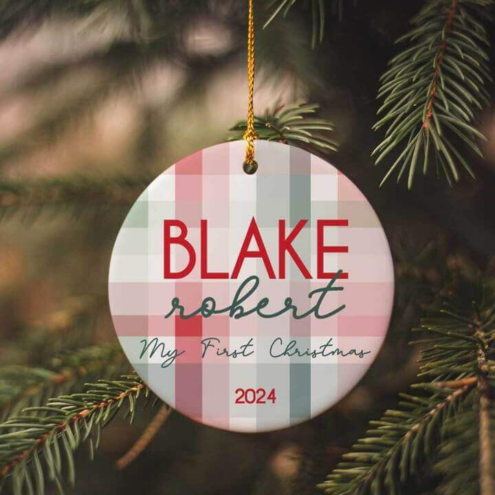 Personalized Ceramic Christmas Ornament | Pastel Plaid | Caden Lane