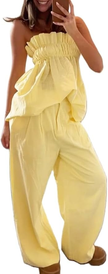 Two Piece Linen Sets for Women Summer Tube Top and Wide Leg Pant Lounge Matching Set 2 Piece Beac... | Amazon (US)