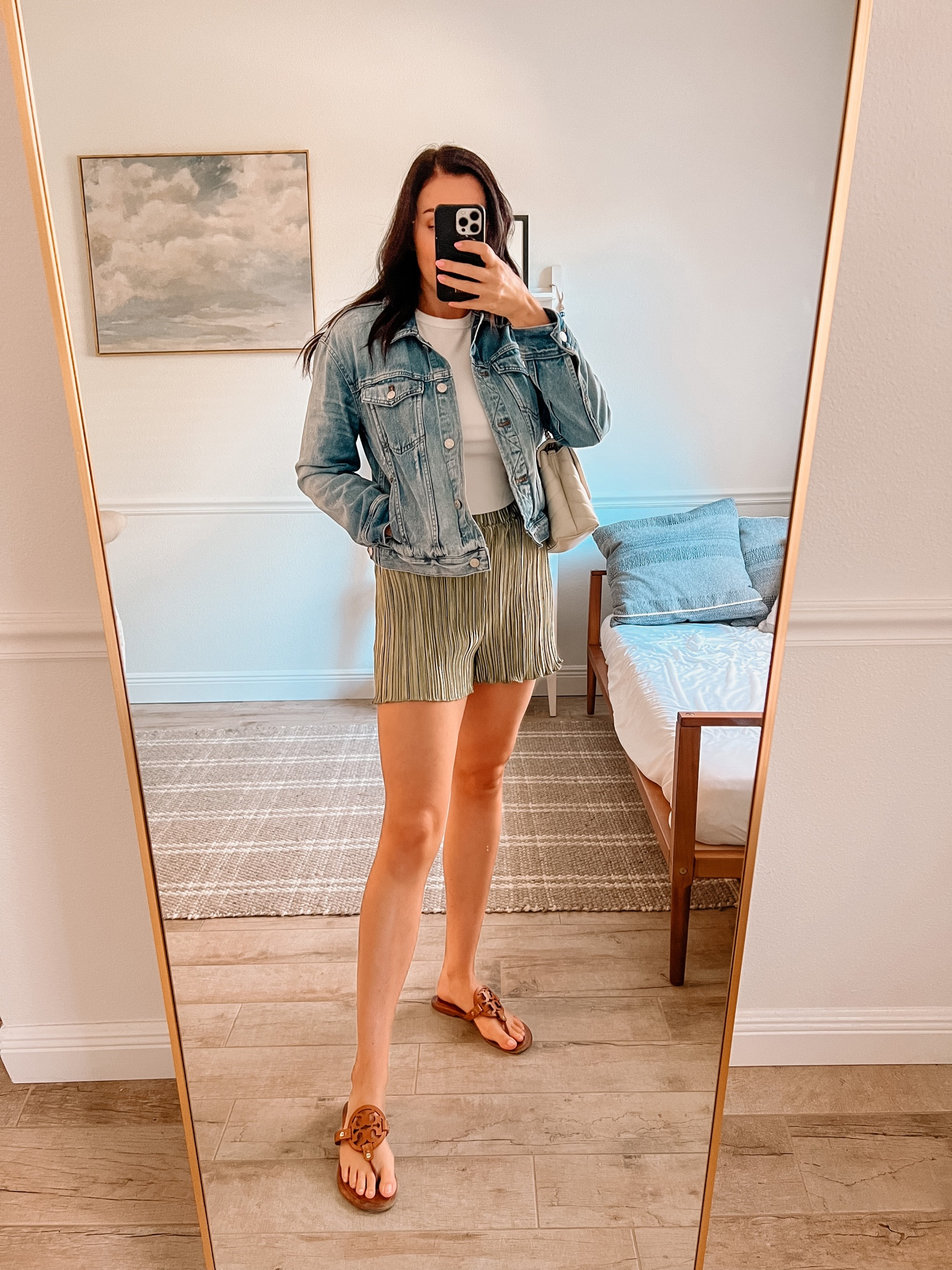 Another way to wear the green two piece set from Amazon featuring a white crop top, jean jacket and Tory Burch Miller sandals. Perfect Spring or Summer outfit!