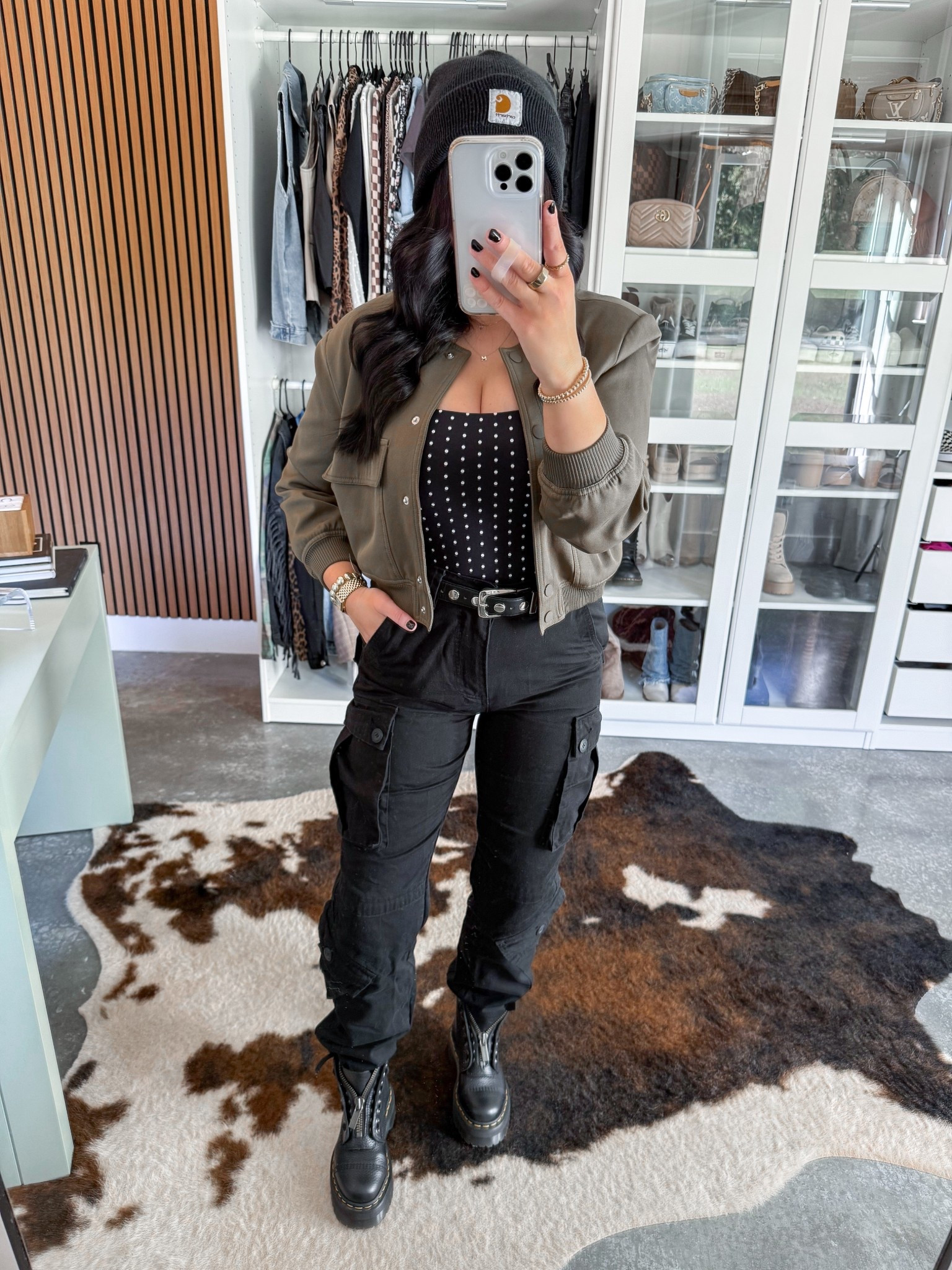 Tank Top - small
Jacket - small (my seller is no longer available, so I linked one that seems to be nearly identical!)
Pants - 28
Belt - 27-31

Love this simple edgy vibe! 🖤 I layered this polka dot tank top under this army green bomber style jacket, paired them with the best cargo pants EVER (spoiler alert - they're mens!) & finished the look with this black & gold studded belt, my carhartt beanie & my platform doc martens! 



#LTKFindsUnder50 #LTKFindsUnder100 #LTKootd