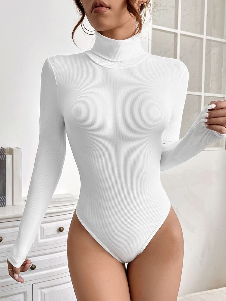 SHEIN PETITE Solid Turtleneck Slim Fit Bodysuit | SHEIN