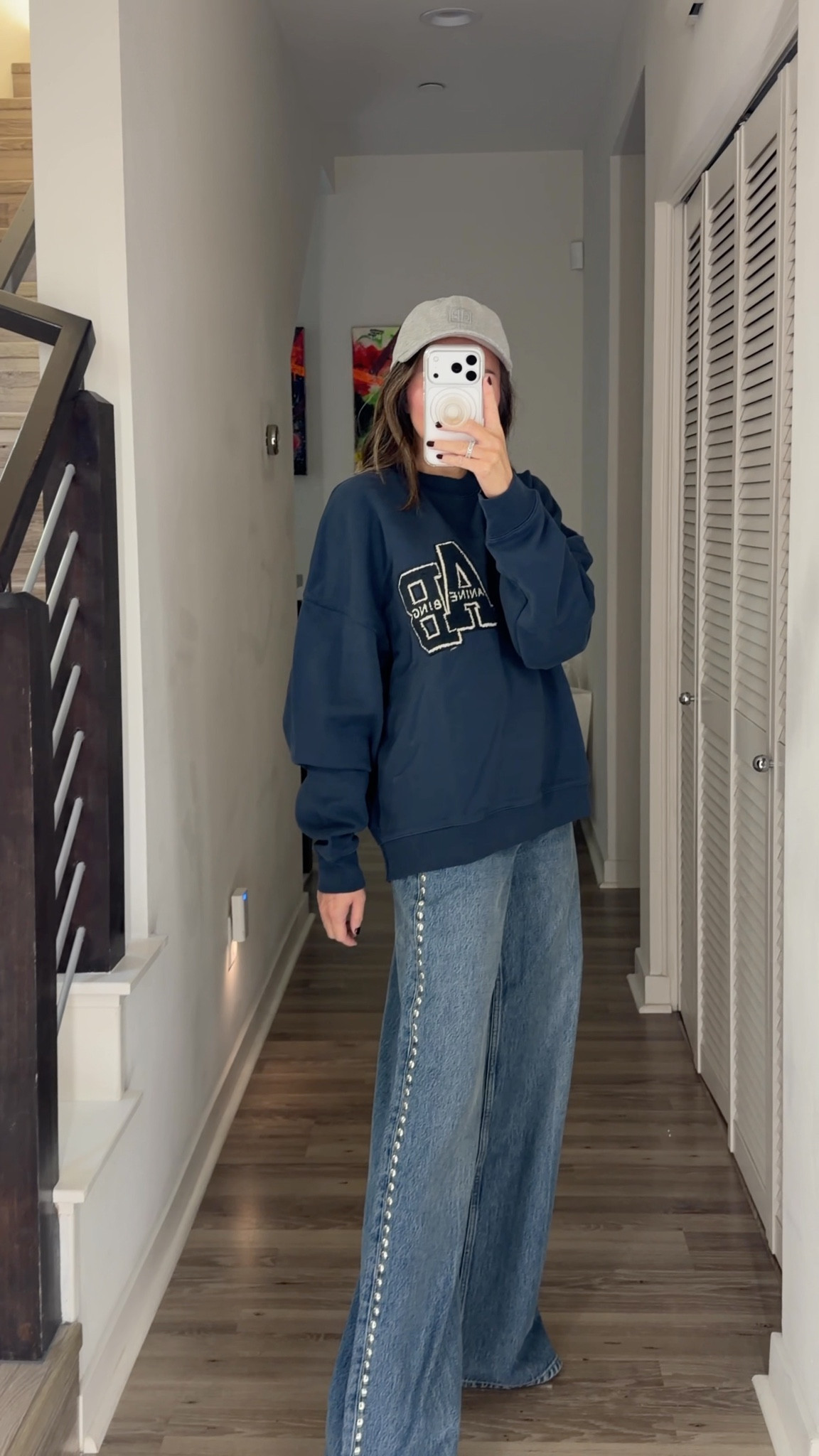 Casual fall outfit ⚡️ My favorite sweatshirt comes in navy blue now and is on sale plus my baseball cap. These studded jeans are so cool to dress up or down. 

Fall fashion, ootd, sweatshirt, jeans, baseball hat, casual ootd, The Stylizt

#LTKootd #LTKSaleAlert #LTKFindsUnder100