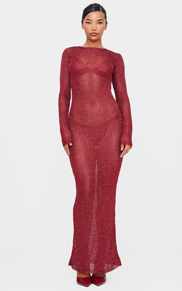 Wine Sequin Knit Long Sleeve Maxi Dress | PrettyLittleThing US